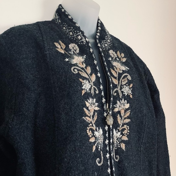 Icelandic Design Sweaters - Icelandic Design 100% Wool Full Zip Fair Isle Floral Embroidered Jacket Womens M
